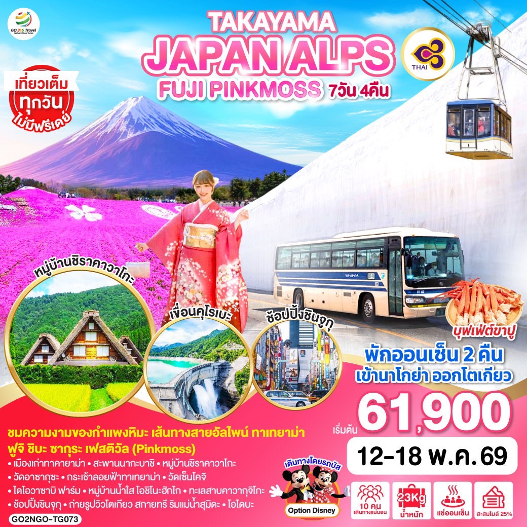ทัวร์ญี่ปุ่น TAKAYAMA JAPAN ALPS FUJI PINKMOSS 7วัน 4คืน (TG)